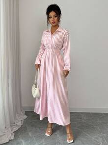 Elenzga Women's Casual Striped Self-Tie Waist Button Front Shirt Dress, Autumn Maxi Women Outfit