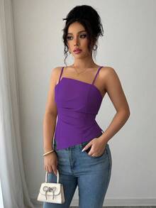 Elenzga Elegant & Cute Pleated Design Women Tank Top - Purple - View 4