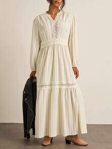 SHEIN VCAY Váy dài tay thường ngày kẻ sọc và ren cỡ lớn Quần áo thu đông Váy mùa đông cho nữ Váy dự tiệc thanh lịch cho phụ nữ Tiền cũ Trang phục đi chơi Phong cách Boho Đồng quê miền Tây Thường ngày - Màu be - Xem 4