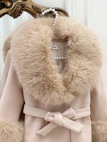 SHEIN 年轻女孩纯色休闲羊毛大衣，仿毛领，女士秋冬装