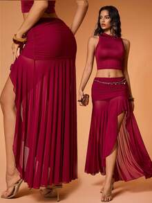 Y2Kool BiGraphic 女士酒红色雪纺飘逸开衩半身裙，适合度假、派对、性感夏季穿着 - 酒紅色 - 查看 1