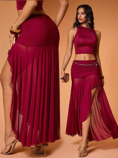 Y2Kool BiGraphic 女士酒红色雪纺飘逸开衩半身裙，适合度假、派对、性感夏季穿着