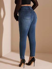 SHEIN BAE 女性加大碼高腰修身牛仔褲 - 藍色 - 查看 2