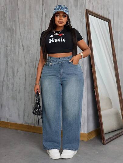 SHEIN SXY Jeans casuales de moda personalizados, estilo vaquero, talla grande, sin estiramiento, para el Día de San Patricio