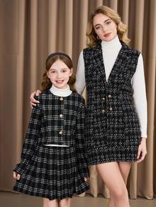 3 件套青少年女孩套装：简约优雅格子开衫、裙子和纯色长袖上衣 - 黑色 - 查看 3