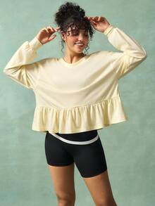 VARSIVA Women's Solid Color Long Sleeve Ruffle Hem Loose Fit Sports T-Shirt Buttery Soft Top Workout Top Ruffle Top Gym Top Blouse Gym - Butter Yellow - View 5