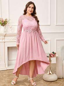 Ellevyn Blush Pink,Autumn,Elegant,Formal,Wedding Ninang Plus Size Lace-Trimmed A-Line Dress,High Low Hem Retro Party Gown For Women's Clothing - Pink - View 3