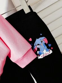 SHEIN 2pcs Baby Girls Rabbit Print Hoodie Sweatshirt And Pants Set, Cute And Versatile For Autumn/Winter Fall - Pink - View 5
