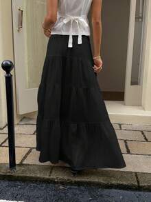 SHEIN EZwear Women's Casual Vacation Multi-Layer Cake Skirt, Suitable For Summer - Black - View 2