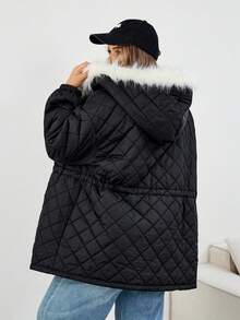 SHEIN CURVE+ Plus Size Women Front Zip Long Sleeve Pockets Fluffy Patchwork Casual Hooded, For Winter Quilted Jacket Winter Coat Outerwear Women Shackets For Women Oversized Jacket