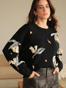 Anewsta Women's Fashionable 3D Floral Embroidery Long Sleeve Knit Sweater, Versatile Pullover Sweater For Autumn/Winter, Christmas