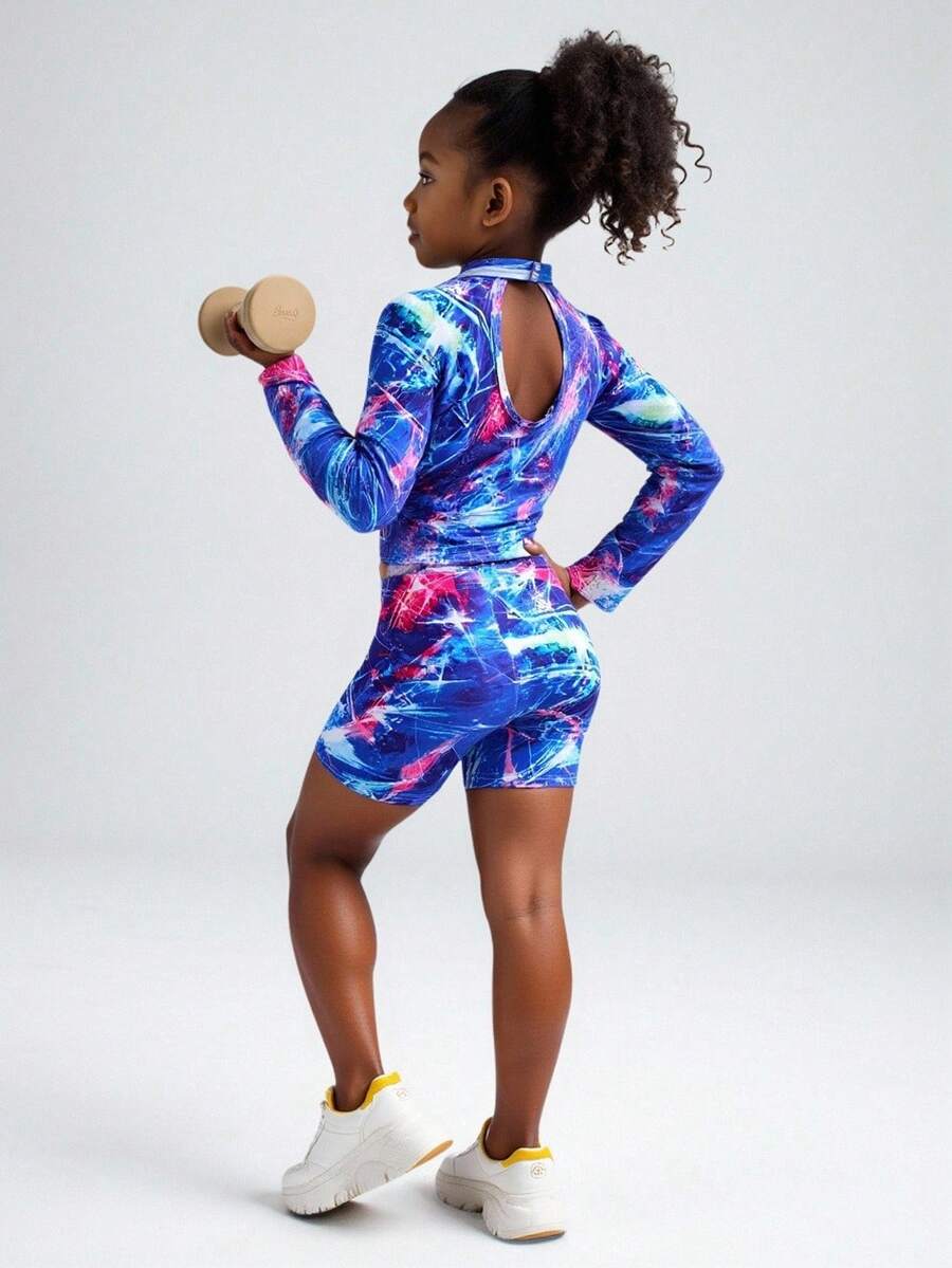 2pcs/Set Girls Colorful Print Off-Shoulder Long Sleeve Top And Tight Colorful Sports Shorts, Girls Clothing Set - Blue - View 1