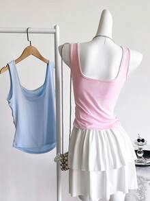 2pcs/Set Teen Girl Simple Casual Classic Sleeveless Crop Top & Tank Tops, Solid Summer Crew Neck Pleated Fitted Top Blouse, Black & White - Multicolor - View 2