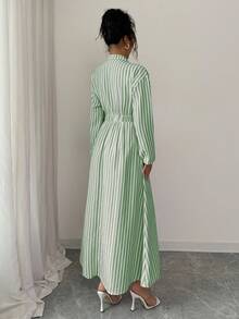 Elenzga Women's Casual Striped Self-Tie Waist Button Front Shirt Dress, Autumn Maxi Women Outfit - Green - View 2