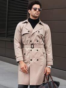 Manfinity CasualCool Men's Button Front Long Sleeve Pocket Simple Casual Trench Coat, Going Out Flannel Trench Coat, For Friends, Husband, Boyfriend Gifts, Men Trench Coat, Man Coat, Men Outerwear,Fall