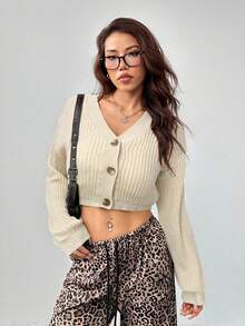 SHEIN PETITE White Lantern Sleeve Button Front Rib Knit Cardigan In Fall/Winter - Khaki - View 6