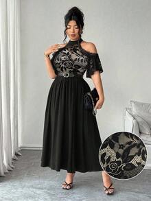 Elenzga 加大码 V 领蕾丝拼接弹力针织面料露肩短袖荷叶边饰腰部喇叭下摆休闲度假派对中长连衣裙 - 彩色 - 查看 8