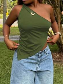 Tyla Gomez Valentine's Day Burgundy Red Twist One Shoulder Top Elegant Slim Top For Women - Army Green - View 1