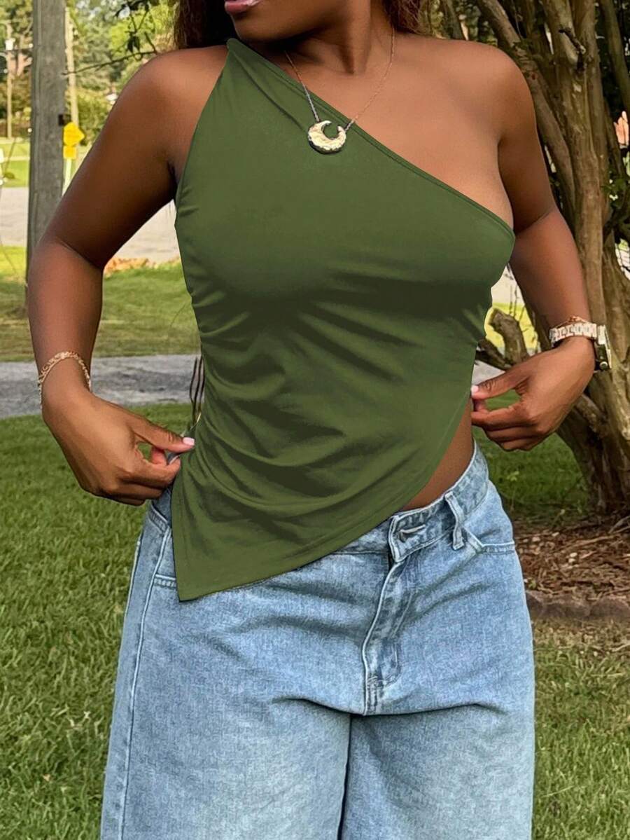 Tyla Gomez Valentine's Day Burgundy Red Twist One Shoulder Top Elegant Slim Top For Women - Army Green - View 1