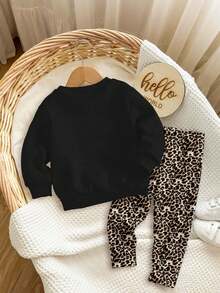SHEIN Happikins Baby Girl Cute Black Autumn Winter 2pcs Outfit,Long Sleeve Leopard Print Bow Sweatshirt And Leggings Set,Casual Family Matching Clothes - Multicolor - View 2