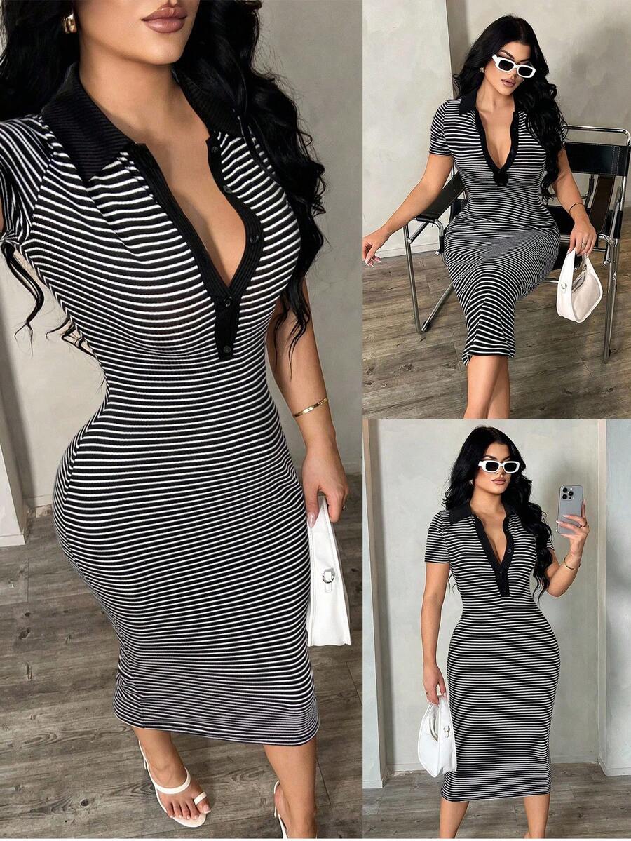 SHEIN SXY 女士休闲简约时尚通勤风格短袖黑白条纹 Polo 衫连衣裙，针织高弹修身中长连衣裙，法式优雅连衣裙