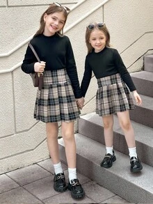 SHEIN 青少年女孩黑色罗纹针织长袖短款 T 恤和卡其色格子百褶裙两件套服装，休闲优雅风格，返校季 - 黑色 - 查看 9