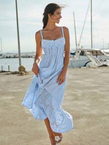 Women's Vacation Burnout Embroidered Single-Breasted Casual Cami Dress - Baby Blue - View 4