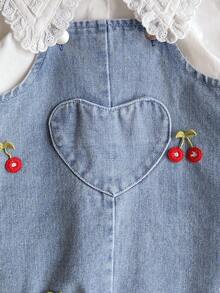 SHEIN Vintaside Kids 2 件女婴休闲可爱领长袖衬衫和围兜裤套装，带有 3D 花卉装饰，适合春秋季日常穿着