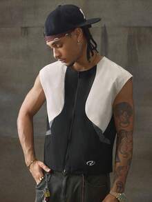 AXEPEAK 男士撞色拉链门襟宽松休闲背心，秋冬 - 黑與白 - 查看 6