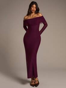 Aloruh Đầm midi ôm sát vai màu đỏ rượu Ankara lưới hở vai mới dành cho nữ mùa thu/đông - Màu tím - Xem 5