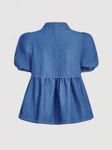 SHEIN MOD 女式休闲修身短袖牛仔衬衫，蓝色 - 中等水洗藍 - 查看 2