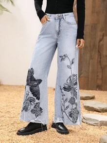 SHEIN LUNE Embroidered High-Waisted Wide-Leg Jeans - Blue - View 6