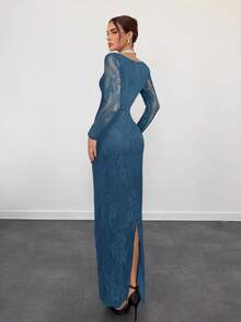 Aloruh Đầm maxi ôm sát bodycon tay dài ren chữ S gợi cảm cho nữ, cổ vuông, màu đen, dự tiệc, hẹn hò, thu/đông - Màu xanh ngọc - Xem 2