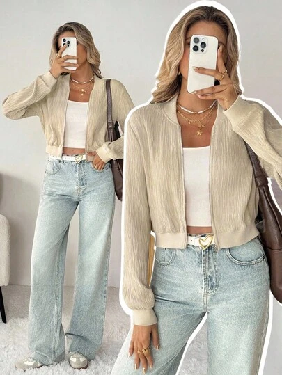 SHEIN LUNE Women's Casual Solid Color Long Sleeve Zip-Up Baseball Jacket Cropped Blazer Summer Blazer Light Cardigan For Summer Women Blouses Elegant Fall For Women Fall Fall Women Going Out Tops Women Winter For Women Fall For Women Airport For Women Going Out