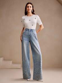 Anewsta 女式奢华水钻装饰蓝色牛仔裤 - 藍色 - 查看 5