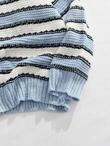 ROMWE MEN Street Life Men's Blue & White Striped Knit Cardigan Sweater, Fall Winter - Blue and White - View 4