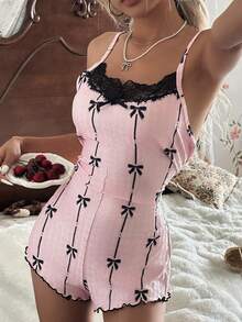 CottageSlumber CottageSlumber Women's Pajamas With Lace Patchwork, Bow Print, Cute Striped Casual & Comfortable Jumpsuit