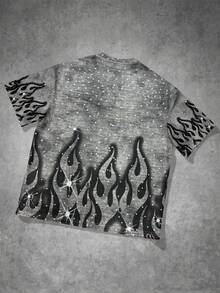 SHEIN 青少年男孩休闲极简主义 Y2K 风格涂鸦手绘嘻哈肖像星星字母印花短袖圆领 T 恤，适合夏季 - 彩色 - 查看 6