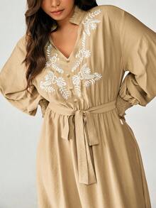 EMERY ROSE Beige Autumn Boho Vacation Cotton Linen Cinched Waist Lantern Sleeve A-Line Loose Gown - Khaki - View 4