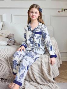 SHEIN 女童森林动物泡泡印花纽扣衬衫和睡衣套装 - 藍色 - 查看 4