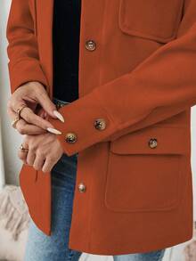 SHEIN LUNE Women's Solid Color Long Sleeve Single-Breasted Casual Pocket Jacket, Autumn - Orange - View 6
