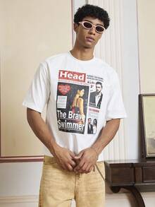 SWAVVY Koszulka męska z nadrukiem w stylu High Street Fashion, z krótkim rękawem i okrągłym dekoltem, w stylu plakatu magazynu - Biały - Zobacz 1