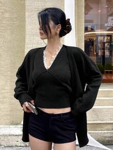 DAZY 2 件套休闲宽松针织开衫 + 蕾丝花边吊带背心，女士秋冬毛衣套装 - 黑色 - 查看 7