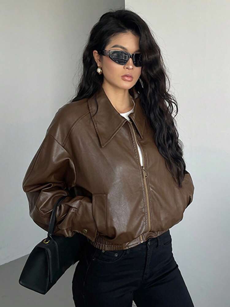 Retro American Style PU Leather Jacket For Women, New Loose Fit Casual Short Motorcycle Bomber Coat Fall/Winter