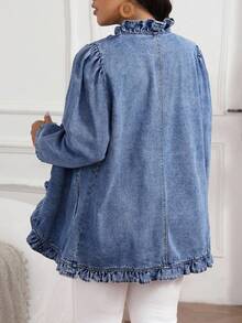 EMERY ROSE 秋季大码休闲牛仔夹克，带荷叶边和纽扣装饰