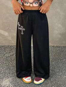 Coolane Kids Pantalones de chándal anchos con cintura con cordón y decoración de strass en estilo Y2K para niñas preadolescentes, atuendos para graduación y regreso a la escuela - Negro - Ver 5