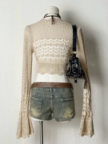 EgrlEra 女士纯色简约日常长袖镂空开衫