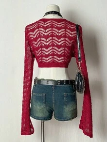 EgrlEra 女士纯色简约日常镂空长袖开衫 - 紅色 - 查看 2