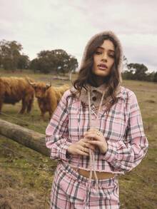 Aralina 睡衣秋冬可爱舒适柔软拉绒法兰绒格纹纽扣门襟衬衫和阔腿裤带系带两件套睡衣套装 - 彩色 - 查看 6