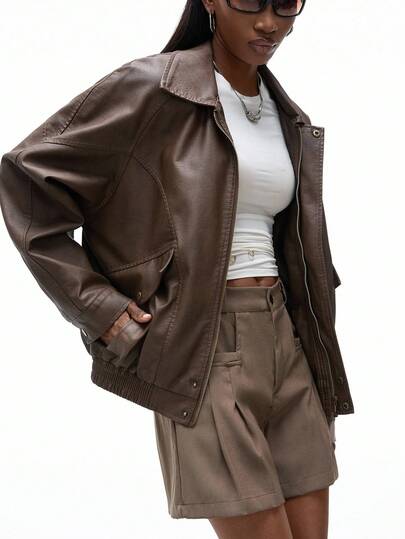 Aveloria GENKIRA 时尚 PU 皮夹克，复古时尚拉链设计口袋，休闲宽松棕色百搭外套